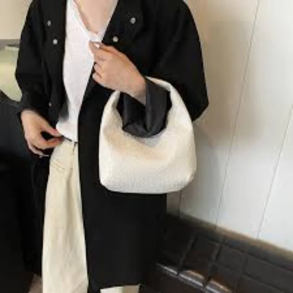 Embossed Woven Slouchy Mini Hobo Bag Faux Leather-White- NWT